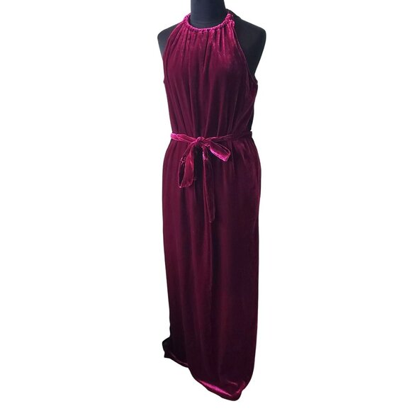 Katharine Kidd Burgundy Red Velvet Sleeveless Halter Midi Holiday Party Dress - Picture 4 of 16